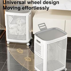 <b>Plastic</b> Laundry <b>Basket</b> with Lid and Wheels, Clothes Hamper with Side Compartments and Brakes, Portable Laundry Hamper on Wheels - Product Image 4