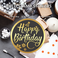 Autocollants d'étiquettes de luxe noirs avec dorure à chaud, autocollants adhésifs UV personnalisés pour joyeux anniversaire, logo personnalisé, papier imperméable pour emballage de boîtes cadeaux et gâteaux