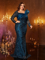 Robe de soirée sirène à sequins, col carré, manches longues, moulante, grande taille, nouvelle collection haut de gamme pour femme