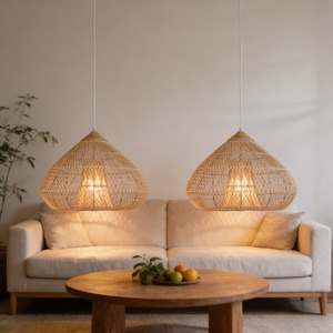 Grande lampe suspendue en rotin de 60 cm, style bohème, lustre en <span class=keywords><strong>osier</strong></span> tressé à la main, lampe suspendue de style farmhouse pour îlot de cuisine, salle à manger - Product Image 5