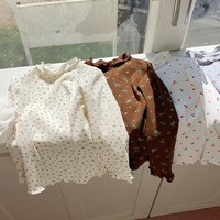T-shirts à manches longues à col montant et volants floraux pour filles, style coréen, tops mignons pour enfants, collection automne