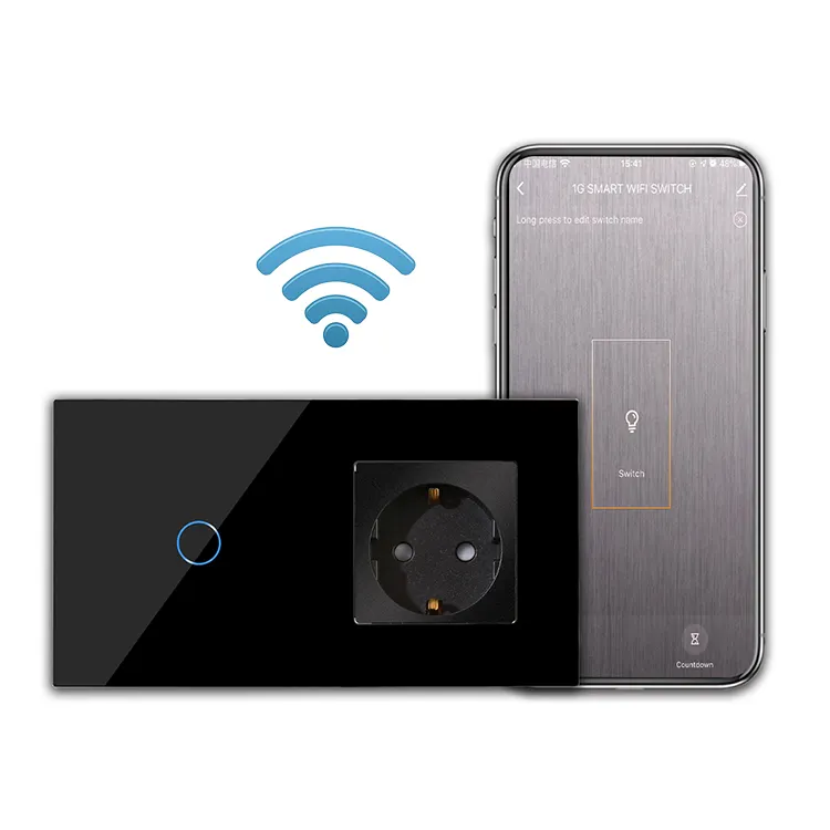 Bingoelec 1 Gang 1 way wifi wall Touch Switch and Germany socket with Crystal Glass Panel Home Improvement
