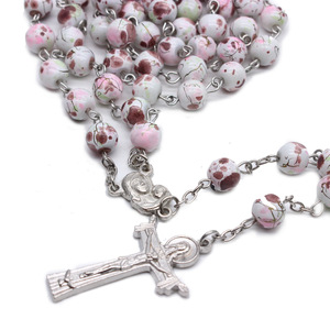 Collier chapelet en perles à pois roses, chaîne en argent, pendentif croix, bijoux religieux unisexe - Product Image 2