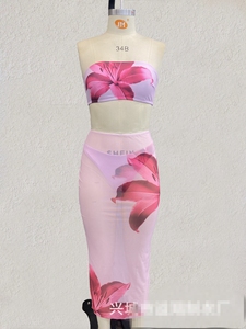 3 piezas de moda para mujer Sexy negro Rosa impreso traje de baño femenino tubo superior <span class=keywords><strong>Bikini</strong></span> con cubierta fina de playa - Product Image 5