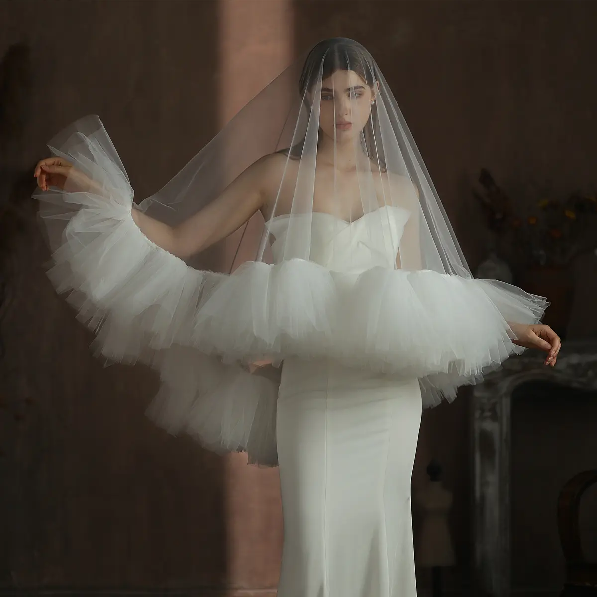 2885高品質の新しい花嫁150cm1層フリル裾ウェディングベールロマンチックな屋外フェイスカバーブライダルベール
