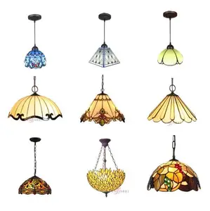 Bán Buôn Home Treo Pendant Lights Phòng Khách Cổ Điển Retro Handmade Fancy Stained Glass Tiffany Đèn Chùm