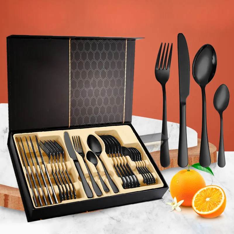 थोक आधुनिक 24 टुकड़े चम्मच फोर्क चाकू रसोई काले कटलरी उपहार के लिए रंग बॉक्स के साथ सेट