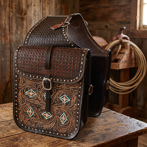 Sacoche de moto en cuir véritable style western, sculptée et gravée à la main, couleur et taille personnalisées, avec accessoires en acier inoxydable - Product Image 3