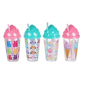 Hot selling 600ml single wall kids straw cups ice cream lid clear plastic tumbler cups reusable plastic party cup