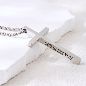 Collar con Cruz <span class=keywords><strong>de</strong></span> Acero Inoxidable Pulido, Grabado Personalizado, Estilo Deportivo Unisex, Cadena <span class=keywords><strong>de</strong></span> Eslabones, <span class=keywords><strong>Dios</strong></span> te Bendiga - Product Image 4