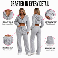 Ensemble de survêtements 2 pièces personnalisés pour femme, en coton bouclette 400 g/m², avec pantalon de survêtement et sweat à capuche court zippé – Fabrication OEM/ODM