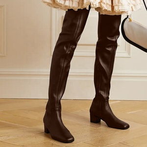 Bottines en cuir marron pour femmes, talons carrés bas fantaisie de 4 cm, grandes pointures US 13, bottes longues au-dessus du genou pour femmes aux pieds larges - Product Image 3