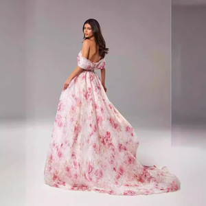 Vestido de Noche de Organza con Estampado Floral y Hombros Descubiertos, Cintura Imperio, Capa Transparente Larga, Moda Femenina - Product Image 3