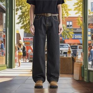 กางเกงขายาวผู้ชาย Nostalgic กางเกงยีนส์ขากว้างขาตรงเข้ารูปสบายๆดีไซน์เอวกลางมีกระดุมตกแต่งยีนส์ซักได้ - Product Image 2