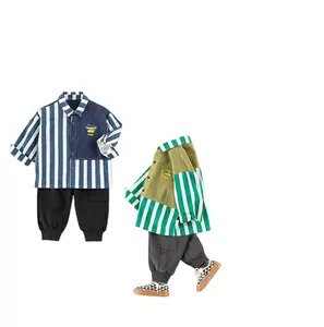 Spring Autumn Boys Stripe Long Sleeve Turn Down Collar Shirt Kids Polyester Cotton Polo Shirts Wholesale