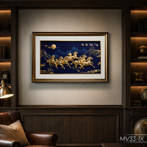 Peinture décorative de luxe sur toile, motif huit chevaux en feuille d'or, fond bleu, vente en gros Vietnam, service OEM ODM - Product Image 2