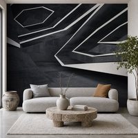 Papier peint mural géométrique personnalisé en béton foncé avec bande lumineuse blanche sur toile huilée pour la décoration de cinéma, salle de jeux, salle de sport