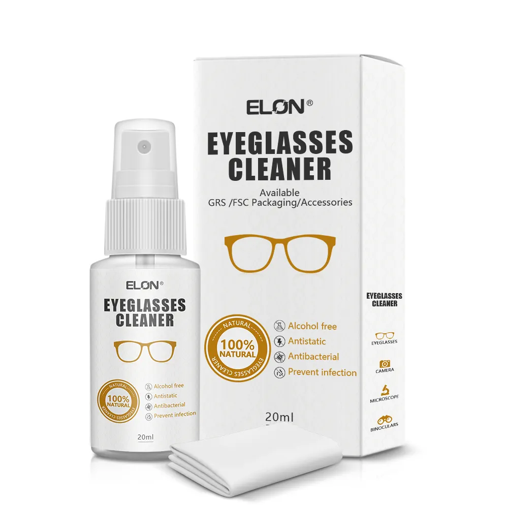 ELON ODM/OEM 20ml Limpiador de anteojos Spray Pequeño, 100% Líquido natural Limpiador de lentes con paño