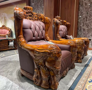 Ensemble de canapés king-size en bois massif de style antique européen sculpté à la main, avec fauteuils inclinables en cuir, pour salon - Product Image 3