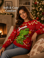 Pull de Noël imprimé numérique 3D unisexe, motif dinosaure T-Rex et Père Noël, tricot personnalisé OEM ODM