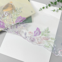 Ruban de dentelle en maille brodée de fleurs multicolores avec perles pour robe de mariée, abaya, robe, accessoires de couture DIY