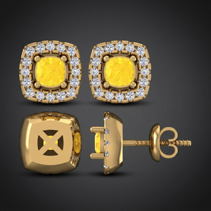 Pendientes de Diamantes Amarillos Naturales de Corte Cojín con Halo de Diamantes Blancos en Oro de 14K, Certificados por IGI, para Bodas, Aniversarios y Fiestas - Product Image 1