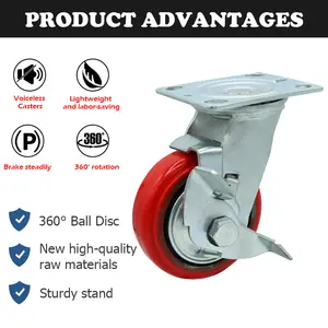 High Load Capacity Korean Red Industrial Caster Wheel 4 Inch Heavy Duty Polyurethane Pu Cast Iron Core Rigid Caster Wheel