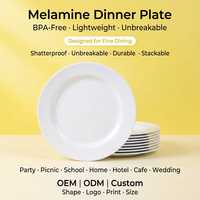 Assiette en mélamine OEM ODM blanche de 9 pouces, écologique, à bord large, pour dessert, mariage, banquet, événement, fête, salade