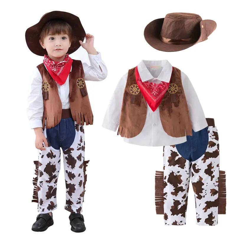 Детская праздничная одежда, ковбойский костюм для мальчиков в западном стиле, костюм для косплея, Детский костюм, комплект из 5 предметов с длинным рукавом