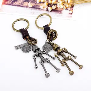 Manufacturer wholesale leather keyring Bronze Screw Robot 3d metal leather key chain