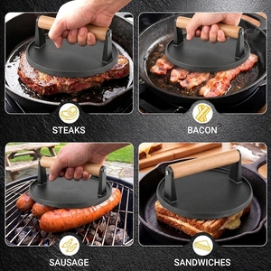 Prensa para asar de hierro fundido redonda de alta resistencia con mango de madera, antiadherente y precurada, para hacer hamburguesas y prensar carne - Product Image 5