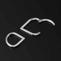 Cincin Septum Bentuk V Grade Implan 16G, Zirkon Bentuk Tetesan Air, Cincin Hinged Segment Hoop untuk Hidung, Clicker Tetesan Air untuk Tindik Hidung