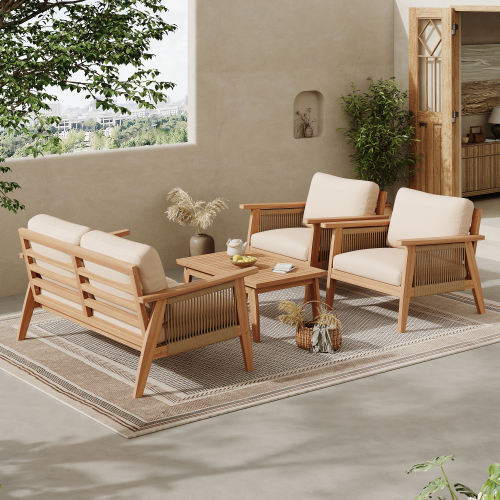 Teca + Beige + Madera de Acacia + Cuerda + Tela Impermeable