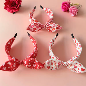 عصابة رأس على شكل قلب مع فيونكة وطباعة شفاه، عصابات رأس واسعة مع عقدة وآذان أرنب، إكسسوارات شعر لعيد الحب - Product Image 2