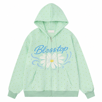 Sweat-shirt à capuche zippé personnalisé BlessTop avec motif à pois et logo floral, vert menthe, pour les marques de mode et de style de vie