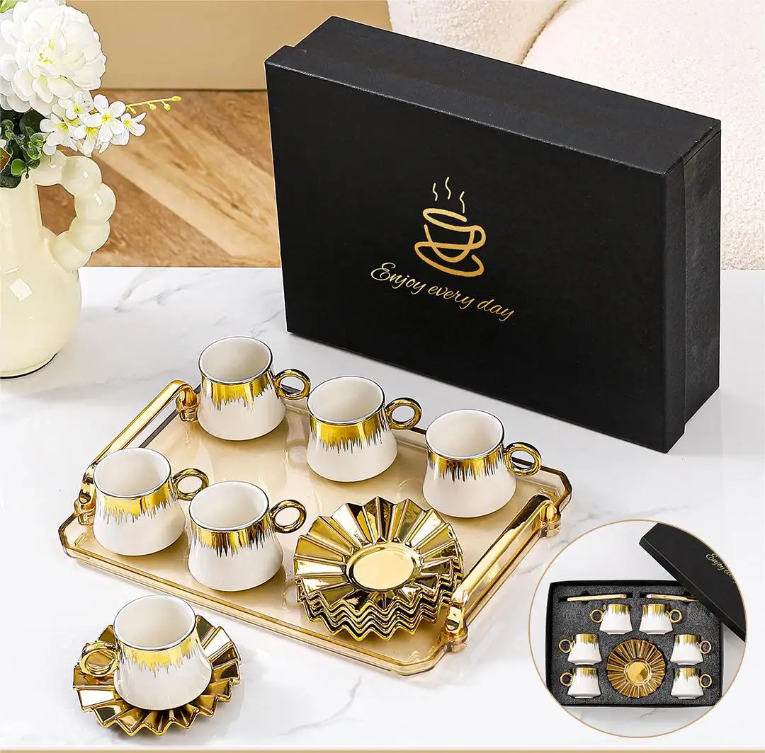 Porcelain Espresso Cup Set Arabic 6PCS 90ml Espresso Ceramic Reusable Coffee Cups with Gold Saucers Set in Gift Box