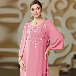 नई हाथ-सिले 9K प्रकाश डाला rhindiamonds शिफॉन ढीला डबल परत बड़े हेम abaya पोशाक