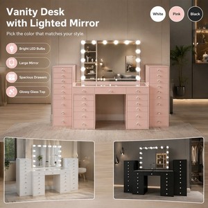 Modern Eco-Friendly <strong>Pine</strong> <strong>Dressing</strong> <strong>Table</strong> Lighted Mirror Drawers Extendable Makeup Vanity Desk Girls Vanity Set Bedroom Hotel - Product Image 3