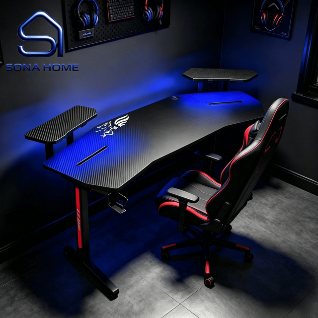 Pro Gaming Room Edition Home Furniture Black & Blue Gaming Style L-Shape Metal Multi-Function Modern Gaming Desk