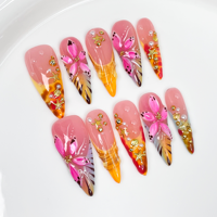 TSZS Faux ongles à presser faits main, motif fleur 3D, étoile de mer et coquillage, thème océan rêveur, qualité salon, forme stiletto longue, réutilisables, pour Spice Girl