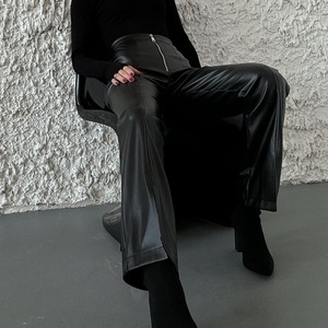 Pantaloni a gamba larga in <span class=keywords><strong>pelle</strong></span> PU a vita alta tinta unita con spacco sull'orlo Autunno/Inverno Sehe Fashion - Product Image 5