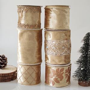 Tepi kawat pita dekorasi emas cetak beludru kustomisasi untuk paket hadiah dekorasi Natal - Product Image 4