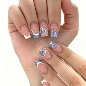 Faux ongles réutilisables avec colle, vente en gros, courts, en gel souple, design 3D de luxe, faits à la main, style français à presser - Product Image 1