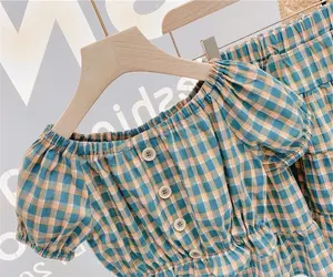 Blue Children Kids Baby 2個Girls Summer One Shoulder Plaid Blouse Crop Tops Baby Shirts And Skirts Dresses Clothes Set