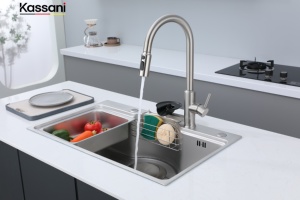 Évier de cuisine moderne Layon à cuve unique en acier inoxydable 304, fabriqué à la machine, avec panier de vidange, anti-bruit, vente en gros usine - Product Image 3