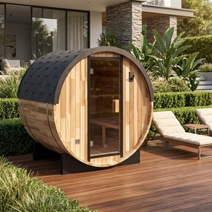 Sauna extérieur en forme de baril pour 4 personnes - Cabane de luxe en cèdre et épicéa avec murs vitrés panoramiques, espace de détente idéal pour les villas de <span class=keywords><strong>jardin</strong></span> - Product Image 1