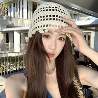 Chapeau ajustable en jacquard ajouré tissé à la main pour femme, style ethnique, idéal pour les voyages et les photos, casquette vintage en crochet tricoté avec bouton