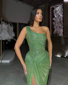 MD50020 Robes de <span class=keywords><strong>d</strong></span>îner tendance sans manches à une épaule Robes de <span class=keywords><strong>demoiselle</strong></span> <span class=keywords><strong>d</strong></span>'<span class=keywords><strong>honneur</strong></span> à traîne longues robes de soirée vertes pour femmes - Product Image 3