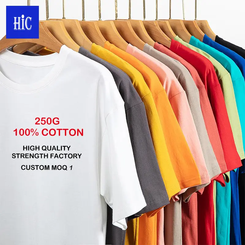 HIC Wholesale Heavy 250G 100% Cotton T Shirt Custom Logo Printed Embroidered Mens Plain DryFit Tee Shirt Blank Sport Shirt