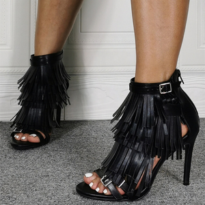Sandales à franges avec sangle à la cheville pour femmes, design tendance printemps-été 2021, fermeture éclair au dos, gladiateurs noirs, chaussures habillées pour femmes - Product Image 1